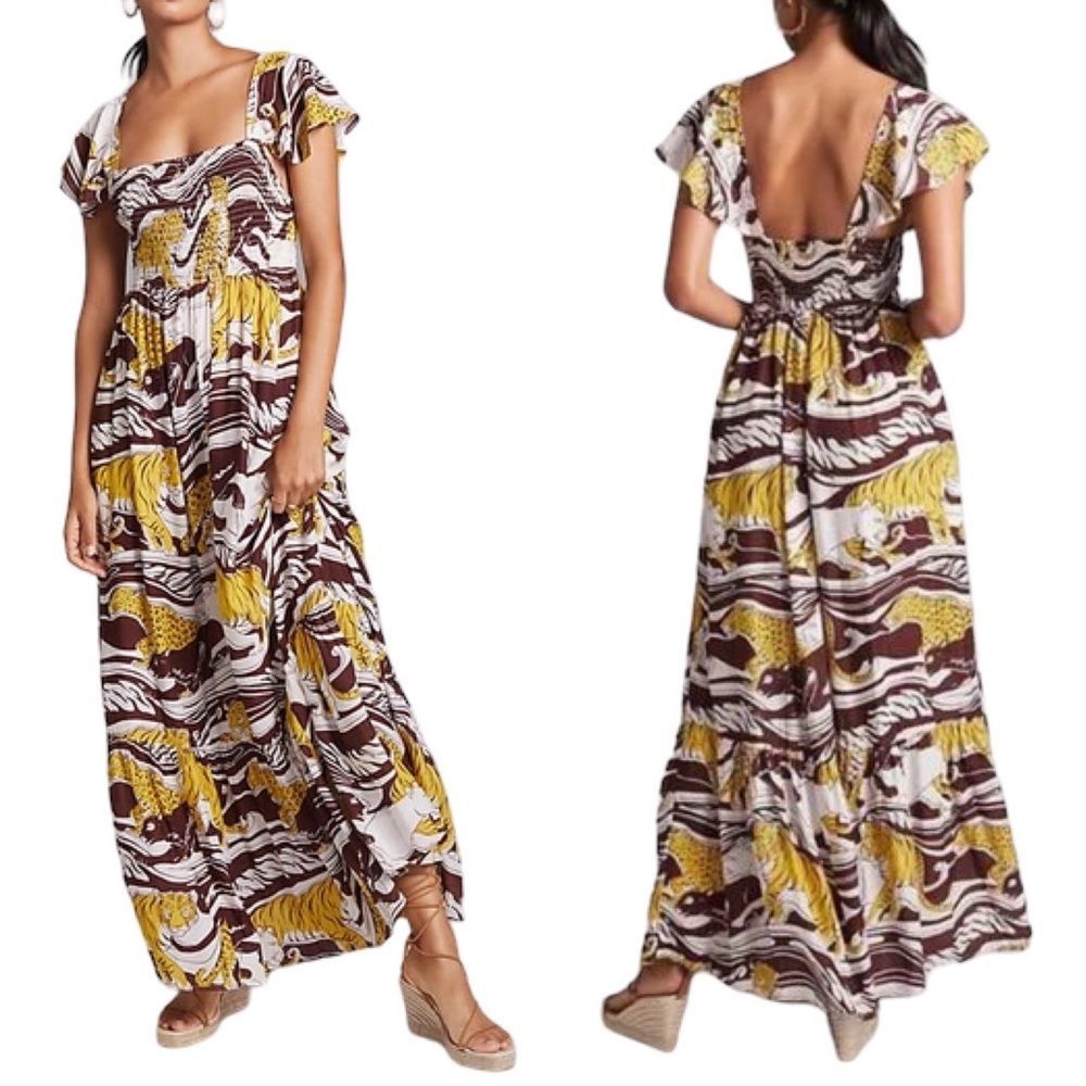 Anthropologie Leopard Ruffled Maxi Dress S Animal Print Relaxed Smocked Vacatio